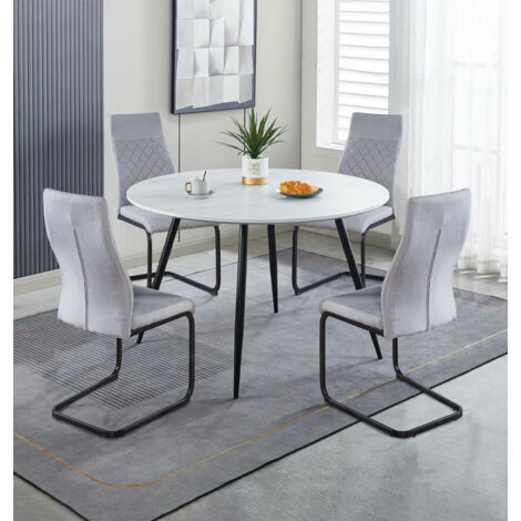 Hallowood Furniture Cullompton Large Dining Table and Chair Set 4, Faux Marble White Round Table and Chairs in High Back Cantilever Light Grey Upholstery, Dining Room Sets for Cafe and Home (1/5)