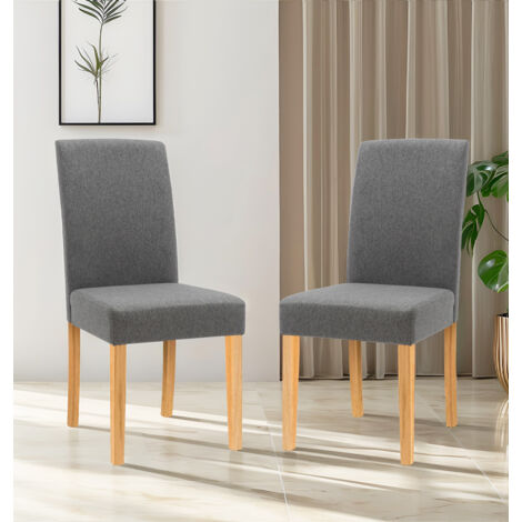 Hallowood Furniture Premium Linen Grey Fabric Dining Chairs Set of 2 with Solid Wooden Legs, Modern Straight Back Kitchen Chairs for Dining Room, Home, Restaurant and Café