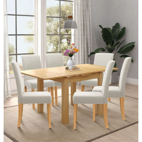 Hallowood Furniture Waverly Oak Extendable Dining Table and Chairs Set 6, Rectangular Small Kitchen Folding Table and Chairs in Straight Back and Upholstered Beige Fabric for Home and Café (1/5)