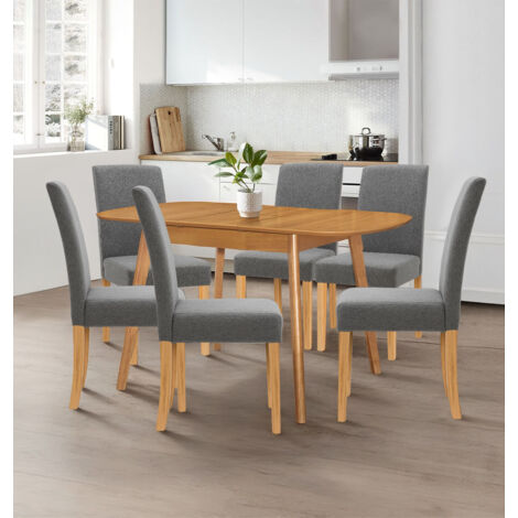 Hallowood Furniture Aston Extending Dining Table and Chairs Set 6, Butterfly Leaf Wooden Kitchen Table and Grey Fabric Straight Back Chairs, Dining Room Sets for Home and Cafe (1/5)