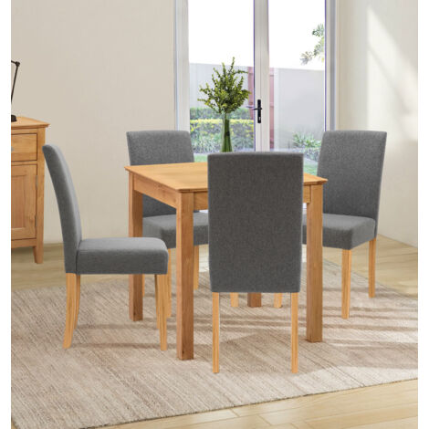 Hallowood Furniture Hereford Oak Square Dining Table and Chairs Set 4, Solid Oak Small Kitchen Table and Chairs in Straight Back and Upholstered Grey Fabric, Dining Room Sets for Home and Café