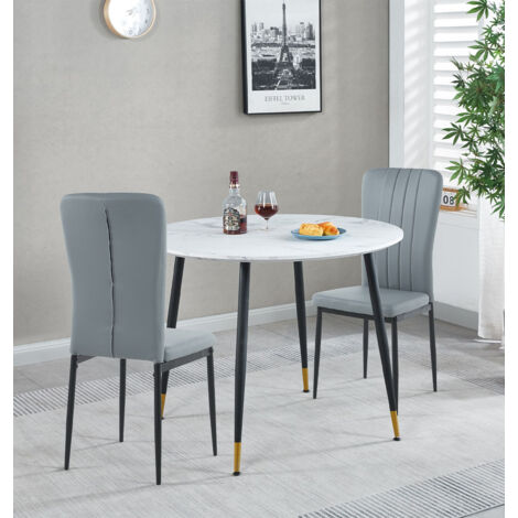Hallowood Furniture Finley Small Table and Chairs Set 2, White Marble Effect Round Dining Table and 2 Light Grey Faux Leather Chairs, Perfect for Home, Office, or Café Spaces