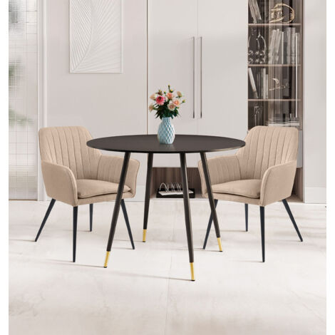Hallowood Furniture Finley Small Dining Table and Chairs Set 2, Black Round Dining Table with Two Light Brown Fabric Seats, Compact Kitchen Set for Home, Office, or Café Use