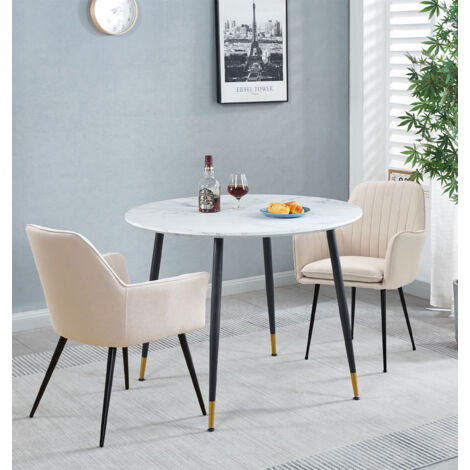 Hallowood Furniture Finley Small Dining Table and Chairs Set 2, White Marble Effect Round Dining Table Top with Two Beige Fabric Chairs with Armrest, Ideal for Home, Office, or Café (1/5)