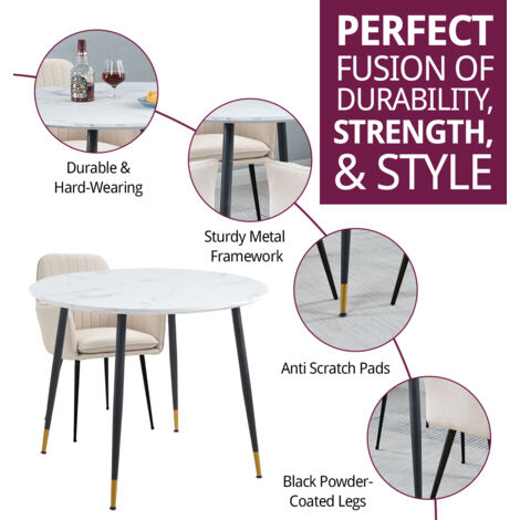 Hallowood Furniture Finley Small Round Dining Table and Chairs Set 4, White Marble Effect Kitchen Table and Beige Fabric Arm Chairs, Modern Dining Room Set for Home, Office and Café