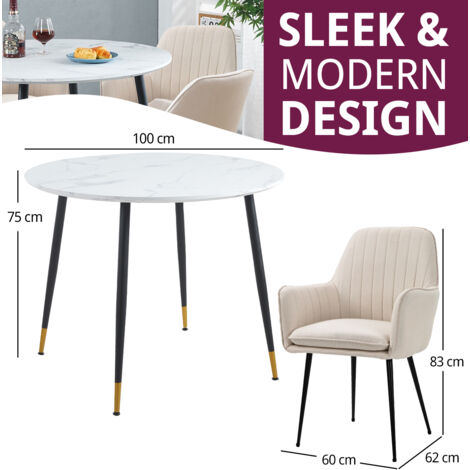 Hallowood Furniture Finley Small Round Dining Table and Chairs Set 4, White Marble Effect Kitchen Table and Beige Fabric Arm Chairs, Modern Dining Room Set for Home, Office and Café