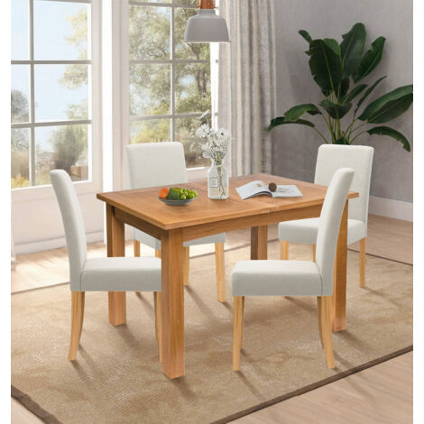 Hallowood Furniture Camberley Oak Extendable Dining Table and Chairs Set 4, Rectangular Butterfly Table and Chairs in Straight Back Beige Fabric, Dining Room Sets for Home and Café (1/5)