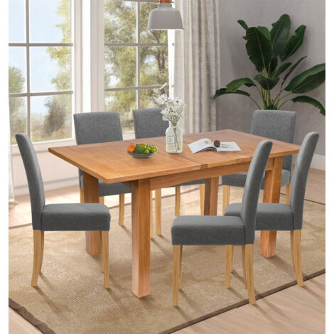 Hallowood Furniture Camberley Oak Extendable Dining Table and Chairs Set 6, Rectangular Butterfly Table and Chairs with Grey Fabric Upholstery, Dining Room Sets for Home and Café (1/5)