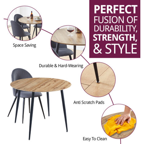 Hallowood Furniture Cullompton Small Dining Table and Chair Set 4, Oak Effect Top Round Kitchen Table and Curved-Back Grey Dining Chairs, Dining Room Set for Home and Café