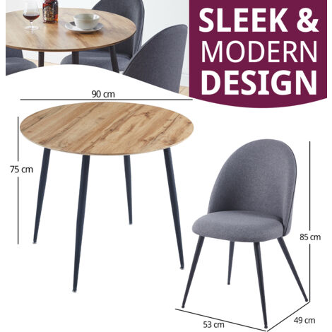 Hallowood Furniture Cullompton Small Dining Table and Chair Set 4, Oak Effect Top Round Kitchen Table and Curved-Back Grey Dining Chairs, Dining Room Set for Home and Café