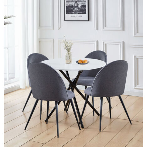 Hallowood Furniture Cullompton Round Dining Table and Chairs Set 4, Faux White Marble Space Saving Table and Chairs in Grey Curved-Back Fabric Upholstery, Home and Cafe Dining Set for 4