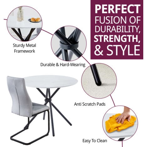 Hallowood Furniture Cullompton Small Table and Chairs Set 4, Round Kitchen Table (90cm) with White Marble Effect Top and Light Grey High Back Dining Chairs, Dining Room Sets for Home and Café