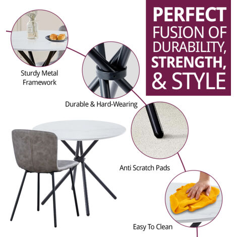Hallowood Furniture Cullompton Small Round Dining Table and Chairs Set 4, White Marble Effect Kitchen Table with Grey Leather Effect Dining Chairs, Dining Room Set for Home and Cafe