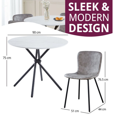 Hallowood Furniture Cullompton Small Round Dining Table and Chairs Set 4, White Marble Effect Kitchen Table with Grey Leather Effect Dining Chairs, Dining Room Set for Home and Cafe