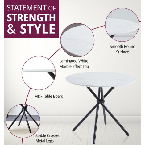 Hallowood Furniture Cullompton Small Round Dining Table and Chairs Set 4, White Marble Effect Kitchen Table with Grey Leather Effect Dining Chairs, Dining Room Set for Home and Cafe
