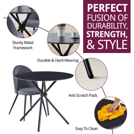 Hallowood Furniture Cullompton Small Round Dining Table and Chairs Set 4, Black Wooden Effect Kitchen Table with Curved-back Grey Fabric Dining Chairs, Dining Room Set for Home, Café