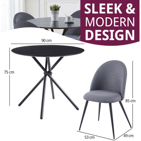 Hallowood Furniture Cullompton Small Round Dining Table and Chairs Set 4, Black Wooden Effect Kitchen Table with Curved-back Grey Fabric Dining Chairs, Dining Room Set for Home, Café