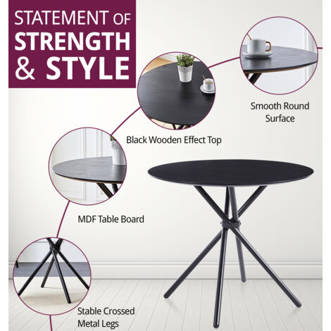 Hallowood Furniture Cullompton Small Round Dining Table and Chairs Set 4, Black Wooden Effect Kitchen Table with Curved-back Grey Fabric Dining Chairs, Dining Room Set for Home, Café