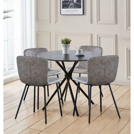 Hallowood Furniture Cullompton Round Dining Table and Chairs Set 4, Black Wooden Effect Small Table and Chairs in Taupe Faux Leather, Dining Set for 4 Perfect for Home and Café Use (1/5)