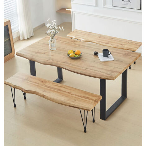 Hallowood Furniture Cullompton Large Dining Table and Bench Set, Live Edge Effect Kitchen Table (160cm) with Black Metal Legs & 2 Dining Bench (150cm), Dining Room Set for Home, Cafe & Office