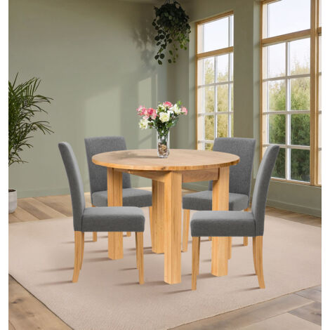 Hallowood Furniture Waverly Oak Small Light Oak Dining Table and Chairs Set 4, Round Drop Leaf Kitchen Table and Upholstered Dining Chairs in Grey Fabric, Home and Café Dining Room Set (1/5)