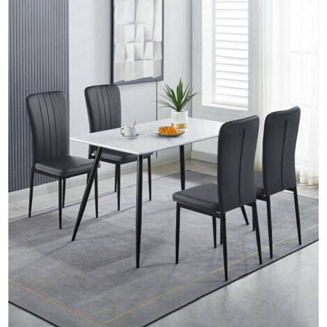 Hallowood Furniture Cullompton Small Dining Table and Chairs Set 4, White Marble Effect Top Kitchen Table and Chairs Upholstered in Black Faux Leather and Metal Legs for Home, Office & Café (1/5)