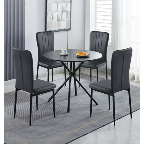 Hallowood Furniture Cullompton Small Kitchen Table and Chairs Set 4, Black Round Dining Table with Wooden Effect Top & Black Faux Leather Dining Chairs for Home and Cafe (1/5)
