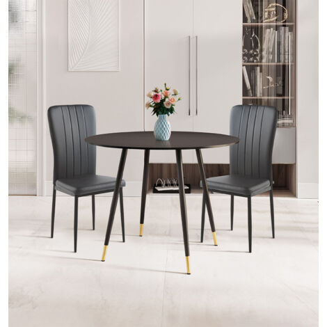 Hallowood Furniture Finley Small Round Dining Table and Chairs Set of 2, Black Kitchen Table with Upholstered Black Faux Leather Chairs, Dining Room Set for Home, Office and Café (1/5)