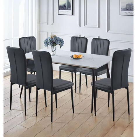 Hallowood Furniture Cullompton Large Dining Table and Chairs Set 6, White Marble Effect Table with Black Faux Leather Chairs in Metal Legs, Dining Room Sets for Stylish Homes (160cm) (1/5)