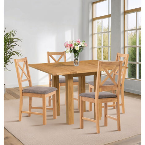 Hallowood Furniture Waverly Oak Extendable Dining Table and Chairs Set of 4, Light Oak Small Folding Table and Cross Back Chair in Grey Fabric Seat for Home and Cafe (1/5)