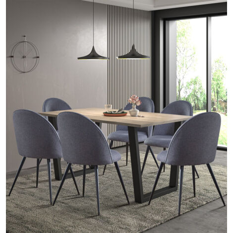 Hallowood Furniture Dudley Large Dining Table (150cm) and Chairs Set 6, Chunky U Shaped Metal Legs & Grey Fabric Curved Back Chairs, Dining Room Set for Home & Cafe (1/5)