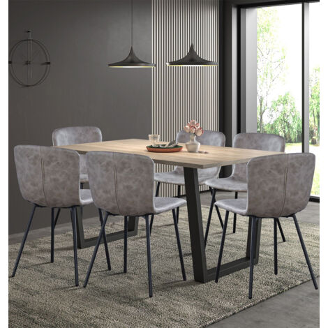 Hallowood Furniture Dudley Dining Table Set 6, 150cm Modern Industrial Table with Taupe Faux Leather Chairs – Ergonomic Padded Seats with Black Metal Legs – Dining Room Furniture for Home & Office (1/5)