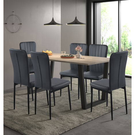 Hallowood Furniture Dudley Large Dining Table and Chairs Set 6, Dinner Table (180cm) with Chunky U Shaped Metal Legs & Black Faux Leather Chairs, Dining Room Sets for Home & Cafe