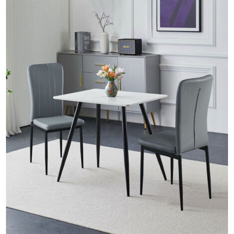 Hallowood Furniture Cullompton Small Dining Table and Chairs Set 2, (0.8m) White Marble Effect Kitchen Table and Chairs in Grey Faux Leather Upholstery and Metal Legs, Dining Set for Home & Café (1/5)