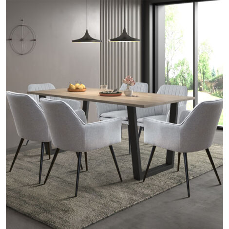 Hallowood Furniture Dudley Large Dining Table and Chairs Set 6, Dinner Table (180cm) with Chunky U Shaped Metal Legs & Steel Grey Upholstered Armchairs, Dining Room Sets for Home & Cafe (1/5)