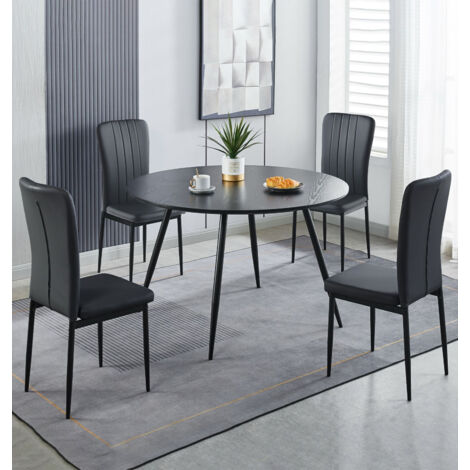Hallowood Furniture Cullompton Black Dining Table and Chairs Set 4, 1.2m Round Kitchen Table and Chairs with Black Faux Leather High Back Seats, Modern Dining Room Sets for Home or Cafés (1/5)