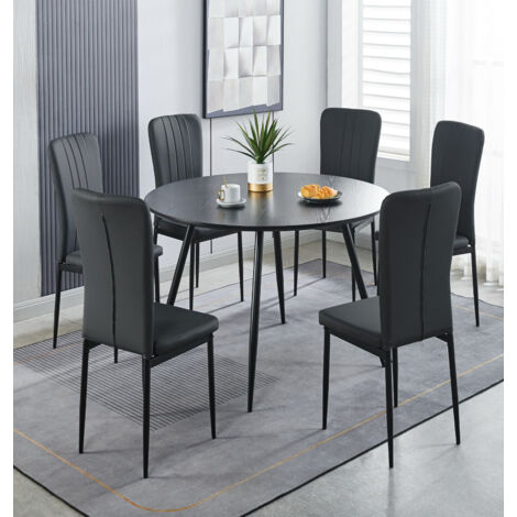 Hallowood Furniture Cullompton Black Round Dining Table and Chairs Set 6, 1.2m Kitchen Table and Chairs with Black Faux Leather High Back Seats, Modern Dining Room Sets for Home or Cafés (1/5)