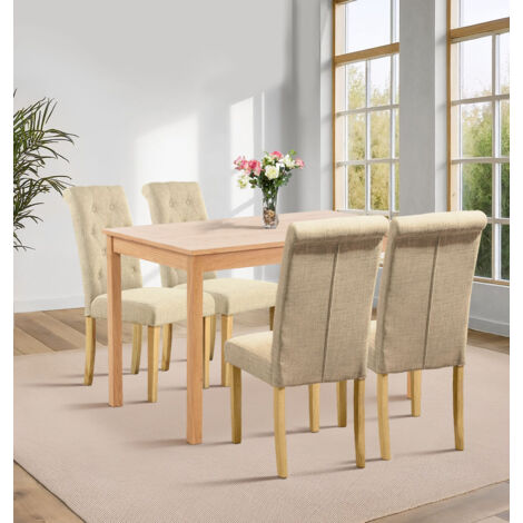 Hallowood Furniture Waverly Small Dining Table and Chairs Set 4, Oak Rectangular Kitchen Table and Chairs in Buttoned Back Cream Linen Fabric, Dining Set for Home and Café (1/5)