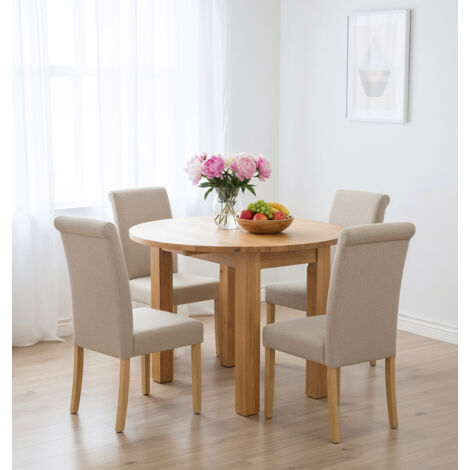 Hallowood Furniture Waverly Oak Small Light Oak Dining Table and Chairs Set 4, Round Drop Leaf Kitchen Table and Linen Fabric Dining Chairs in Cream, Home and Café Dining Room Set (1/5)