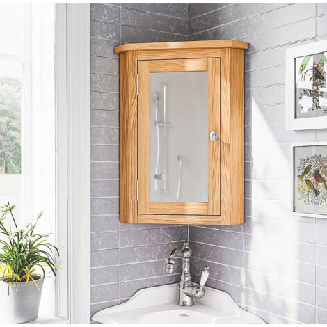 Hallowood Furniture Waverly Oak Corner Bathroom Cabinet With Mirror in Light Oak Finish - Solid Wooden Wall Mounted Storage Unit With 1 Adjustable Shelf - Modern Cupboard With Display Door