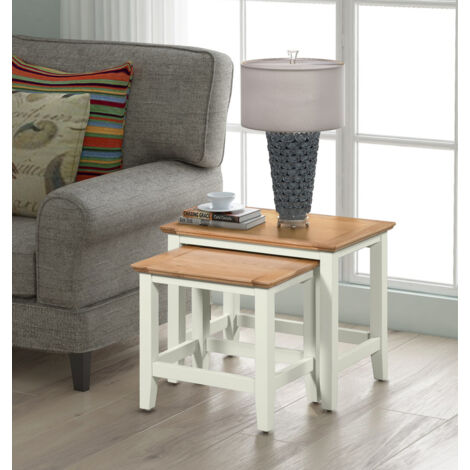 Hallowood Furniture Clifton Oak Nest of Tables Set of 2, Green Off White Painted Wooden Nesting Coffee Tables, Occasional or Side Table, Telephone/Lamp Stand for Living Room, Bedroom or Hallway