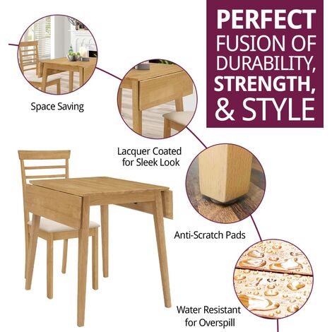 Hallowood Furniture Ledbury Small Drop Leaf Table and Chairs Set 2, Wooden Folding Table in Oak Finish & Chair with Warm Cream Seat Pad, Kitchen Table Dining Room Set