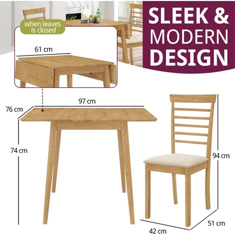 Hallowood Furniture Ledbury Small Drop Leaf Table and Chairs Set 2, Wooden Folding Table in Oak Finish & Chair with Warm Cream Seat Pad, Kitchen Table Dining Room Set