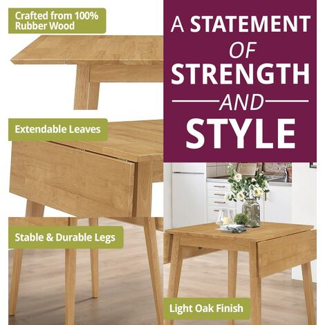 Hallowood Furniture Ledbury Small Drop Leaf Table and Chairs Set 2, Wooden Folding Table in Oak Finish & Chair with Warm Cream Seat Pad, Kitchen Table Dining Room Set