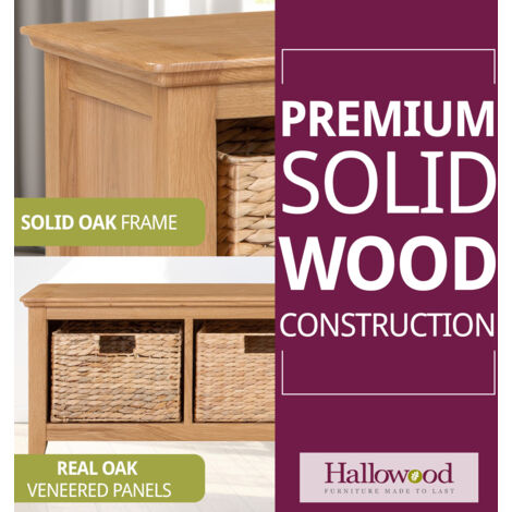 Hallowood Furniture Hereford Storage Bench, Light Oak Wooden Storage Cabinet with 3 Wicker Baskets, Shoe Storage, Sideboard Cabinet, Living Room and Bedroom Hallway Storage Unit
