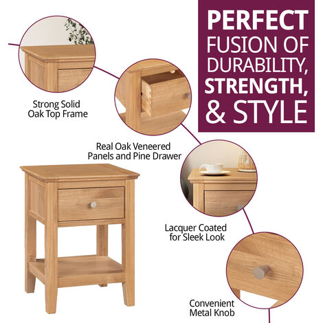 Hallowood Furniture Hereford Oak Bedside Table with Drawer, Light Oak Solid Wood Side Table, Lamp Table, Coffee Table, Sofa Side Table, Plant Stand, Small Table for Living Room