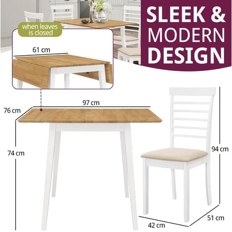 Hallowood Furniture Ledbury Small Wooden Dining Table and Chair Set of 4, Drop Leaf and Chairs in White & Oak Finish, Space Saving Table and Chairs, Dining Room Set for Home & Cafe