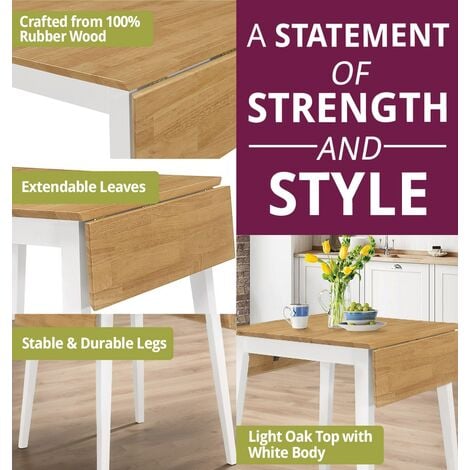 Hallowood Furniture Ledbury Small Wooden Dining Table and Chair Set of 4, Drop Leaf and Chairs in White & Oak Finish, Space Saving Table and Chairs, Dining Room Set for Home & Cafe