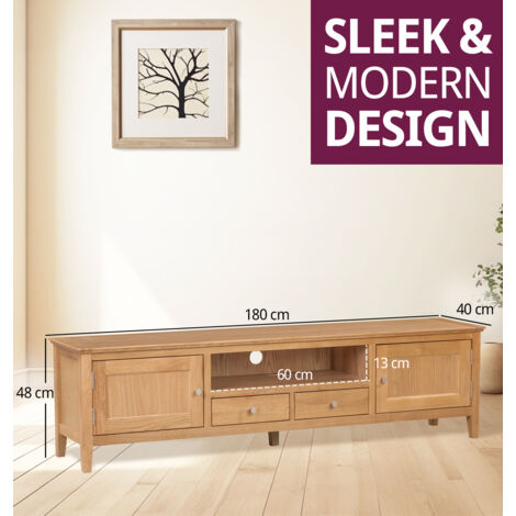 Hallowood Furniture Hereford Oak Long TV Unit with 2 Drawers & Cupboards, TV Stand Cabinet with Storage, Large Light Oak Wooden TV Stand, TV Media Unit for Living Room & Bedroom