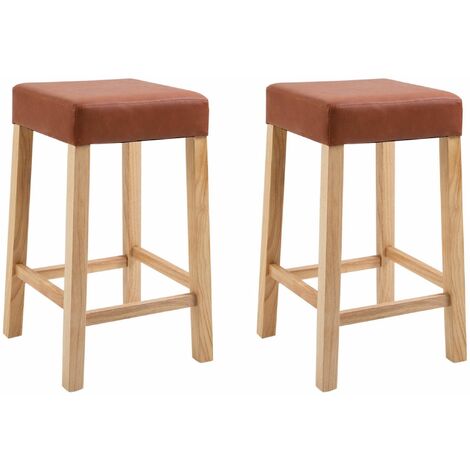 Pair of Wooden Breakfast Bar Stool with Padded Seat in Brown Bonded Leather | Wooden Kitchen Seat Suitable for Breakfast Bar Tables